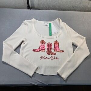 Stitch & Pine Rodeo Babe Graphic Waffle Knit Thermal Top Cream XS Cowboy Boots *